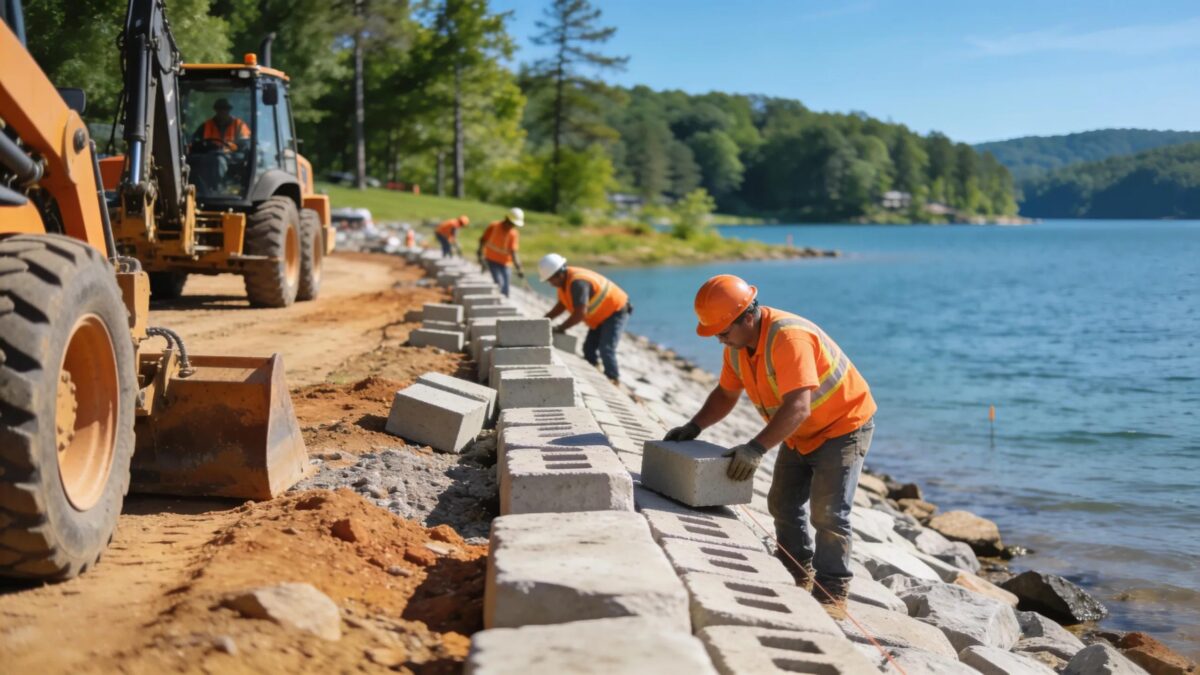 Seawall construction at Lake Anna with workers engaged in eco-friendly practices