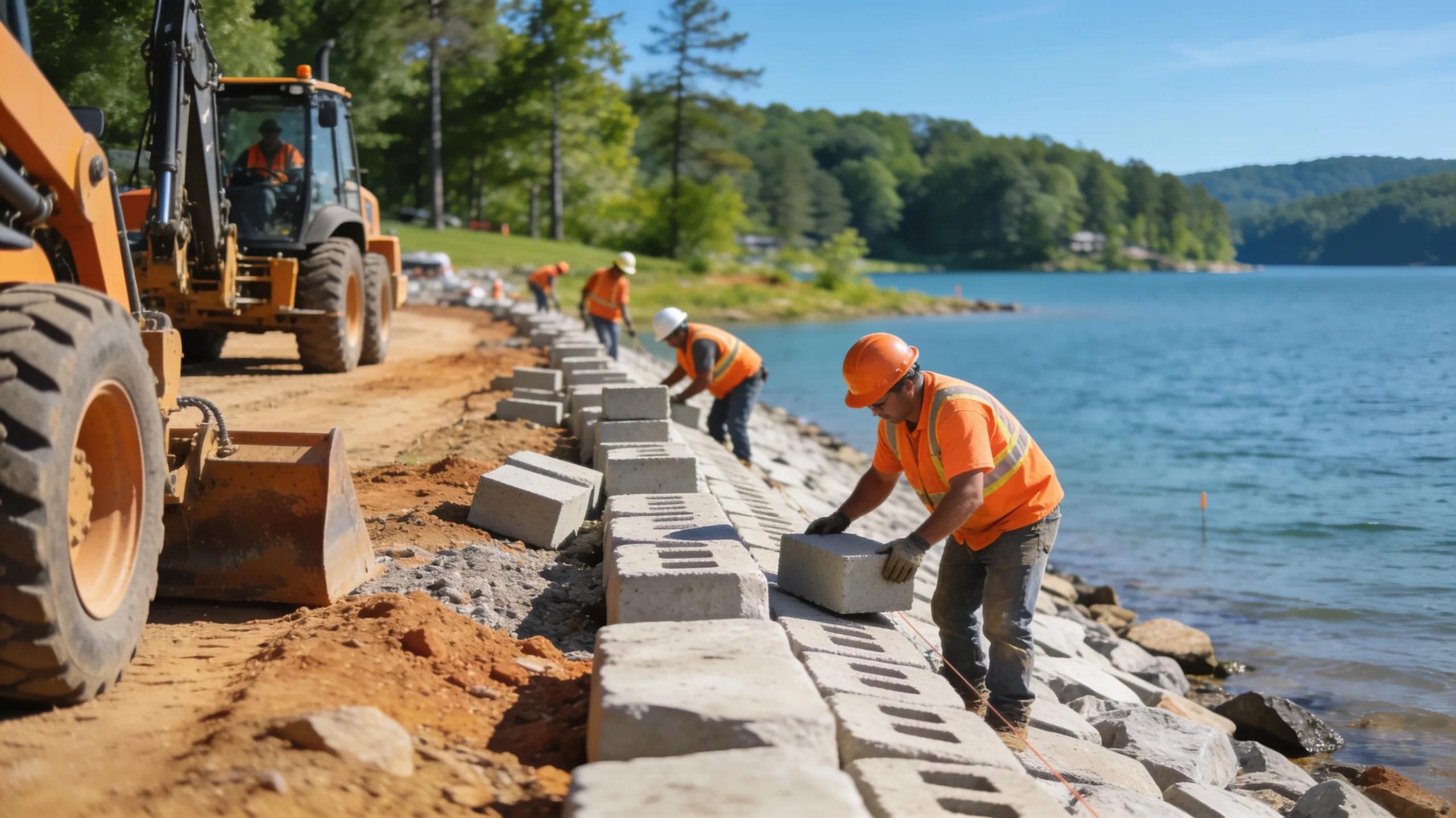 Lake Anna seawall construction in progress, workers installing blocks along shoreline.