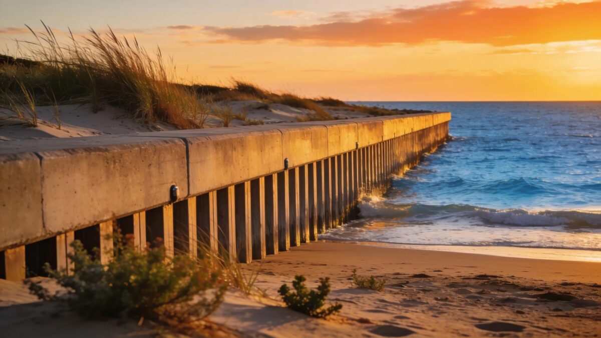Coastal view showcasing seawalls for waterfront home protection from erosion