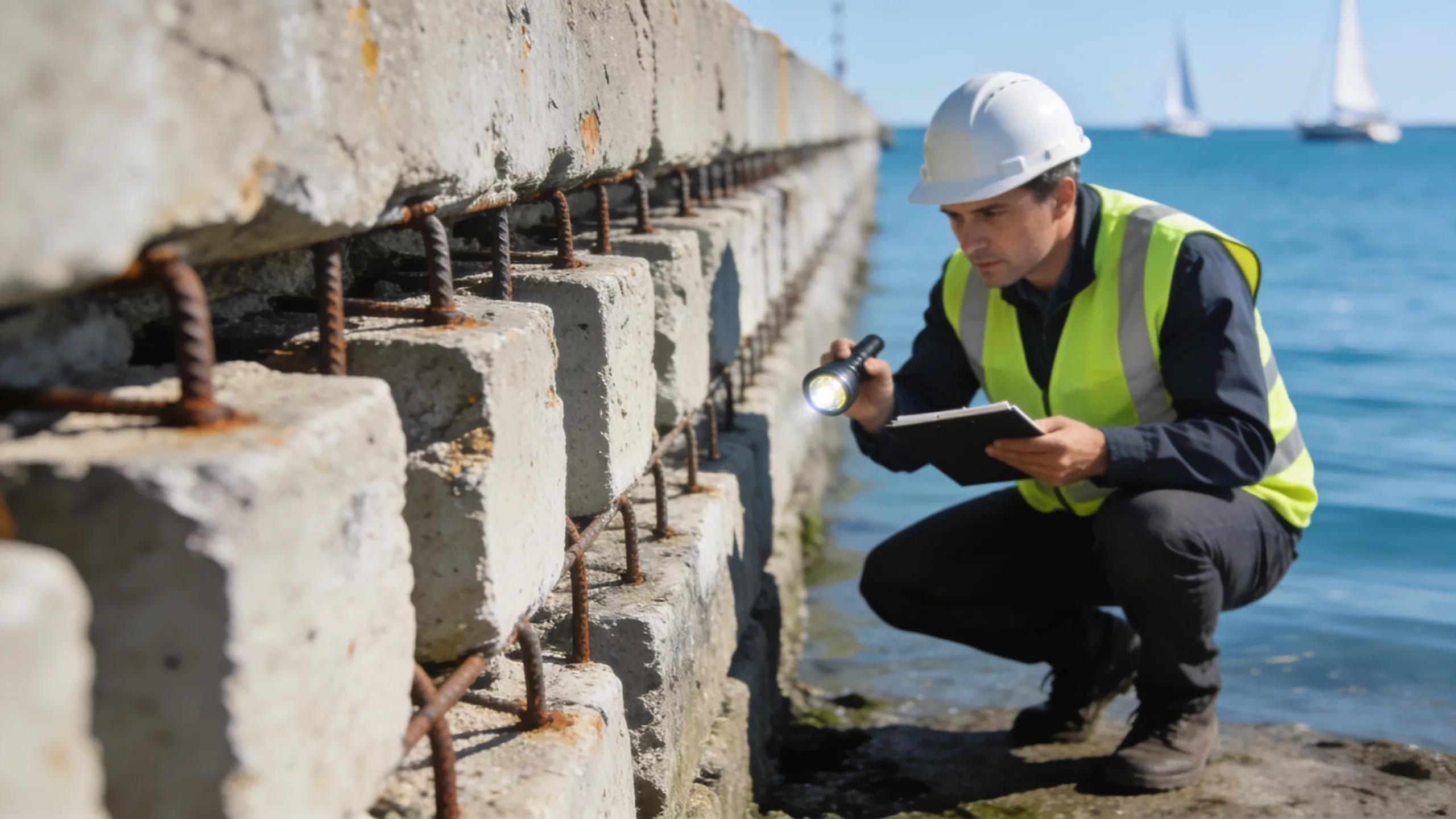 Inspections of seawall focusing on structural integrity and potential damage