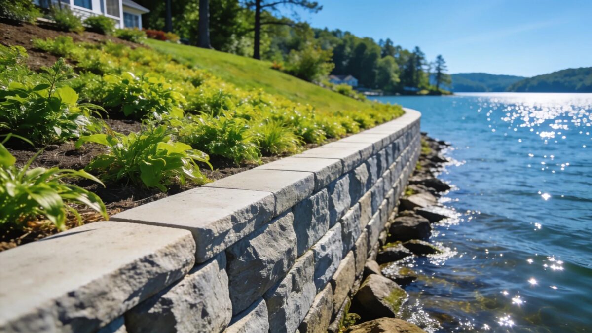 Aerial view of a waterfront property with a newly constructed seawall against Lake Anna's backdrop