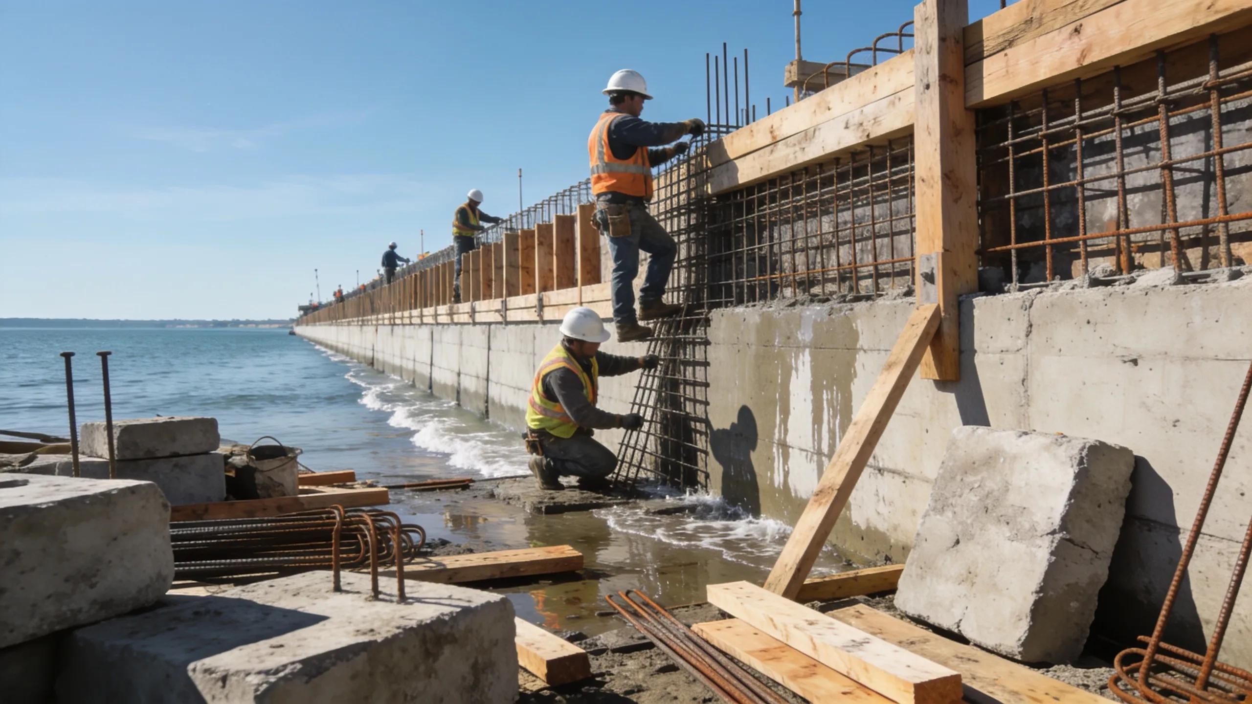Lake Anna seawall construction in progress, workers reinforcing concrete structure near shoreline.
