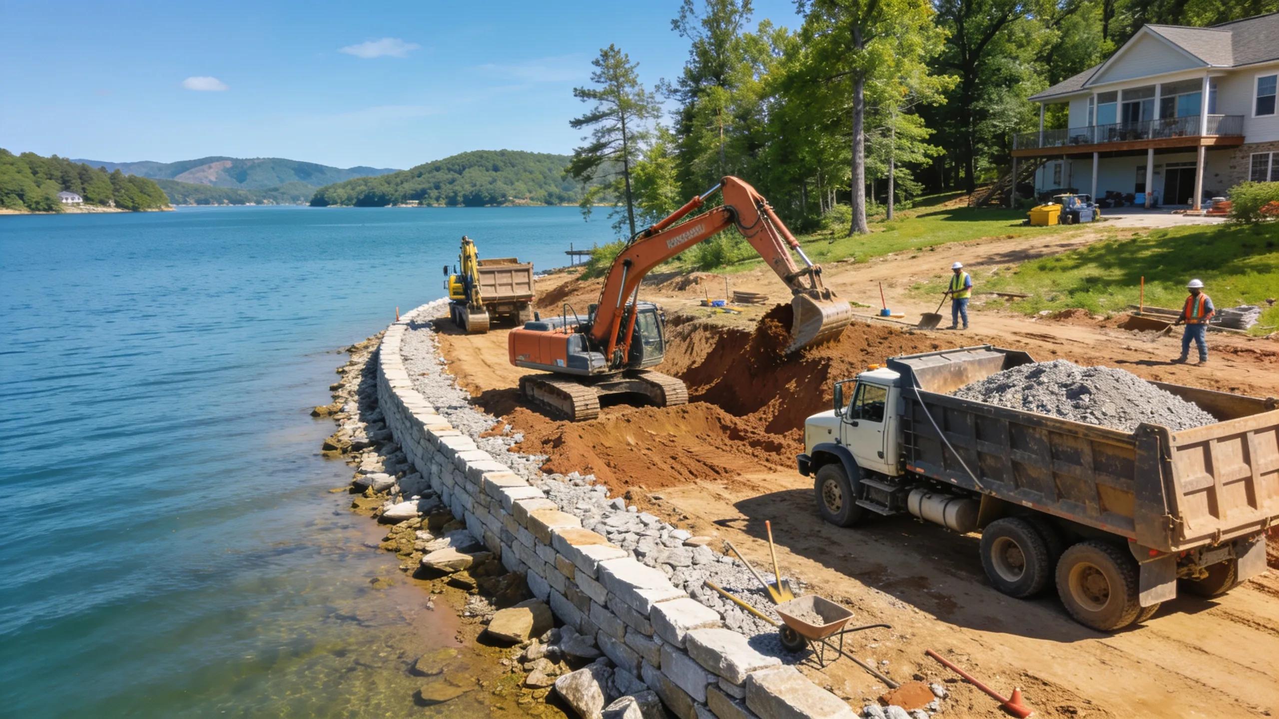 Lake Anna seawall construction in progress with excavator, dump truck, and workers.