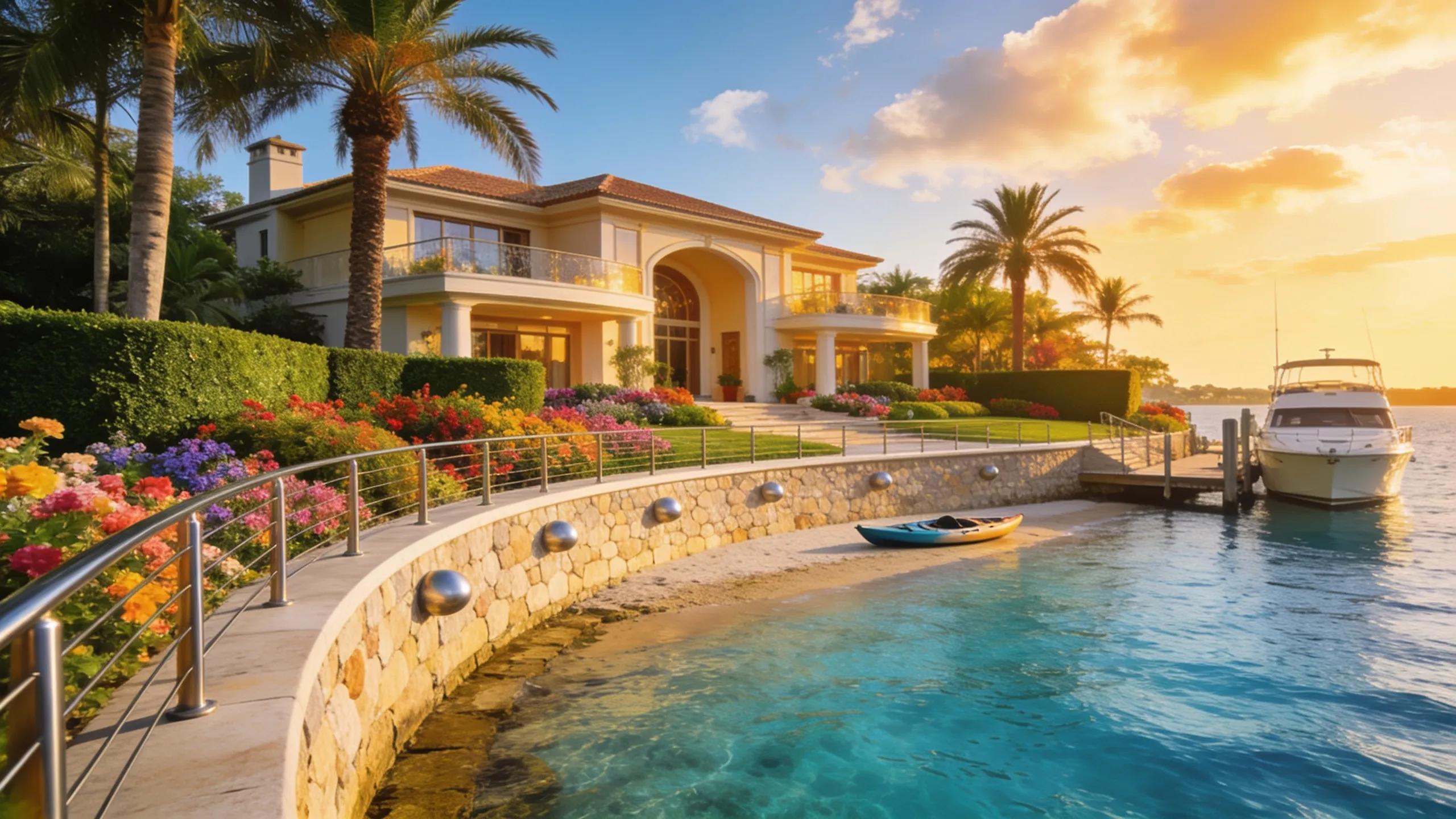 Luxurious waterfront property with ornamental seawall enhancing property value and curb appeal