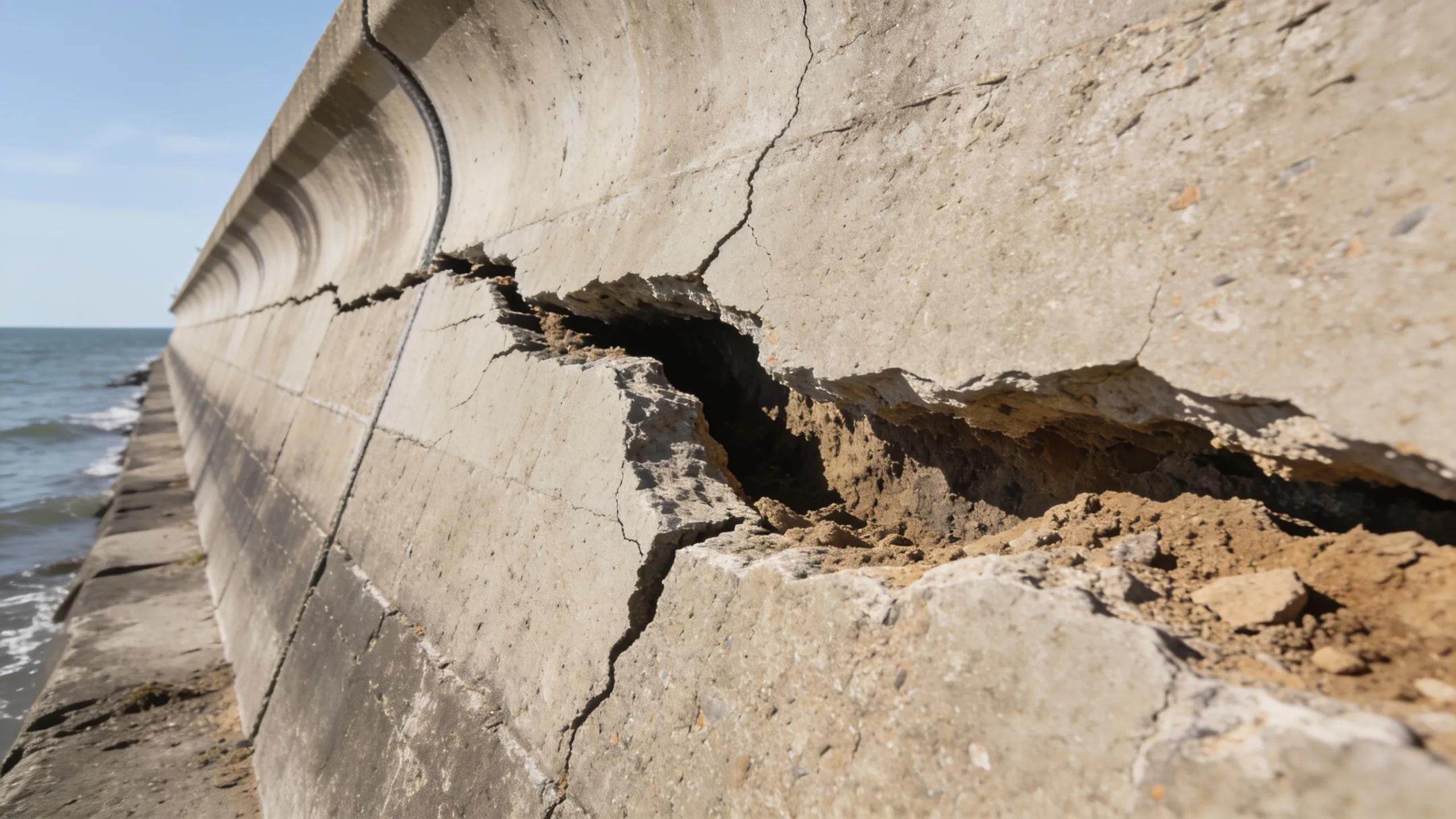 Close-up of cracked seawall indicating structural instability