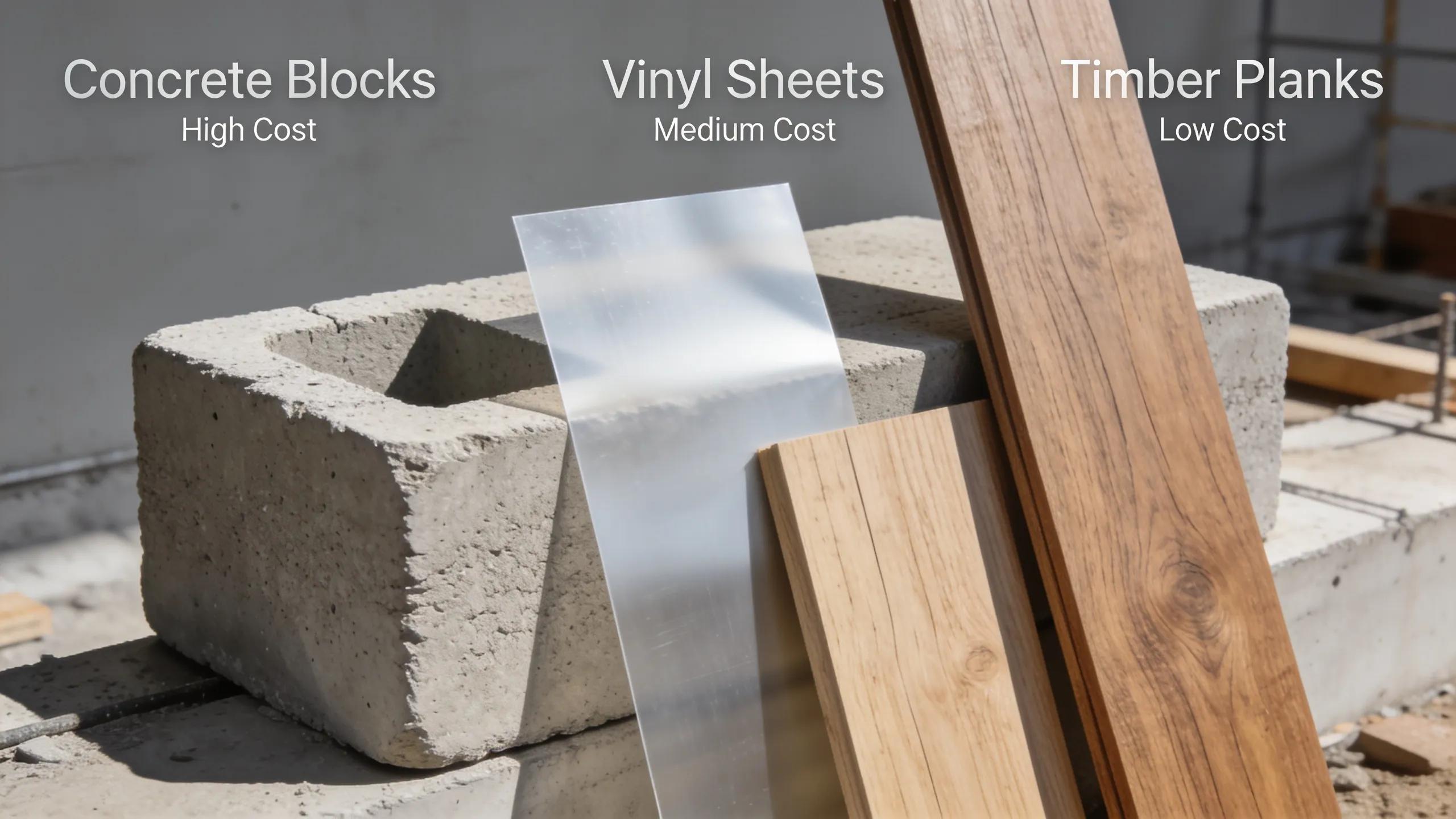 Seawall construction materials: concrete blocks, vinyl sheets, and timber planks illustrating cost differences.
