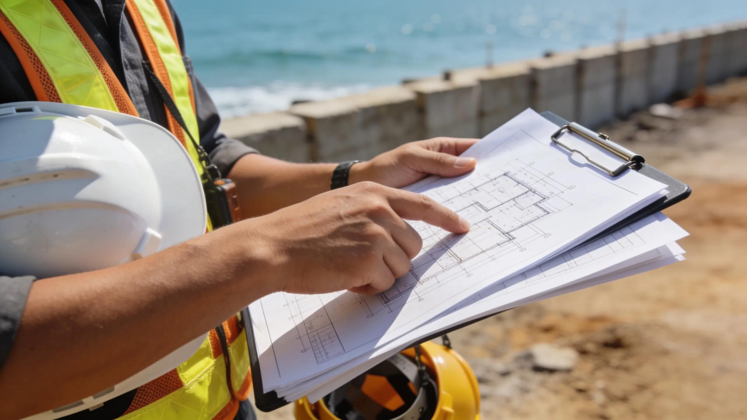 Inspector reviewing documents for seawall construction at a waterfront