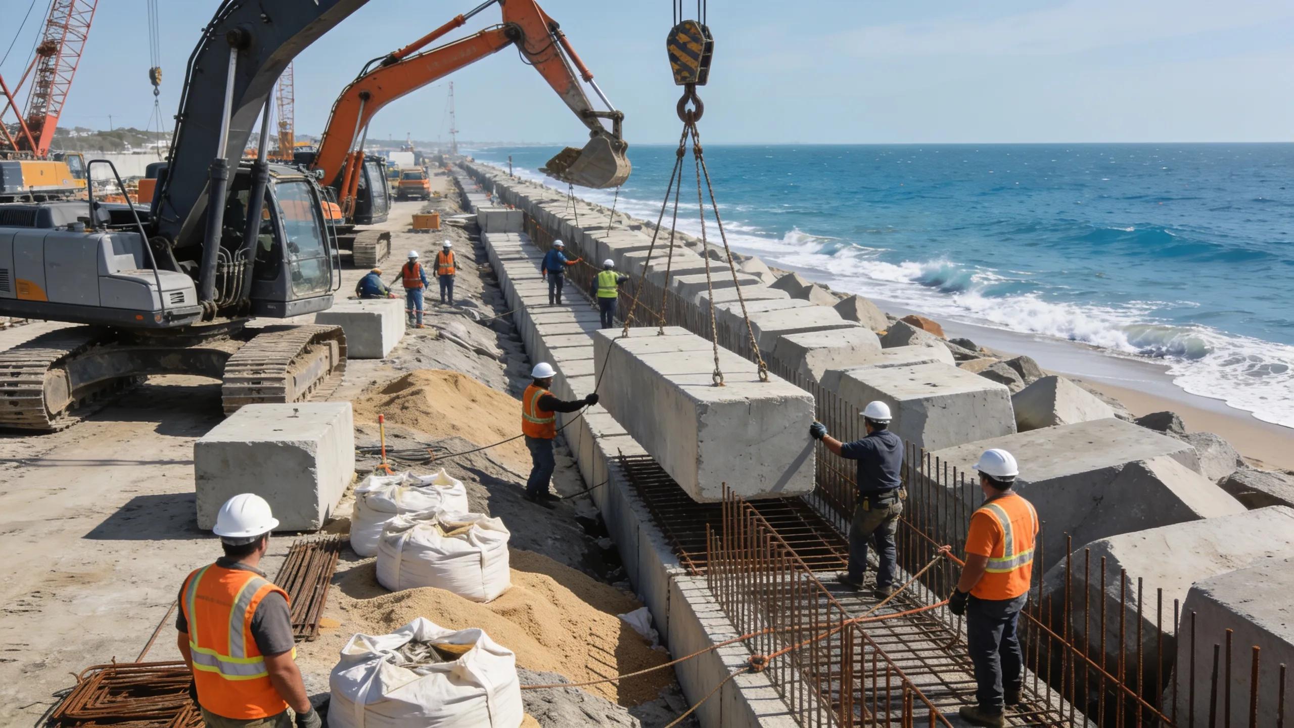 Marine construction team working on seawall installation process for shoreline protection