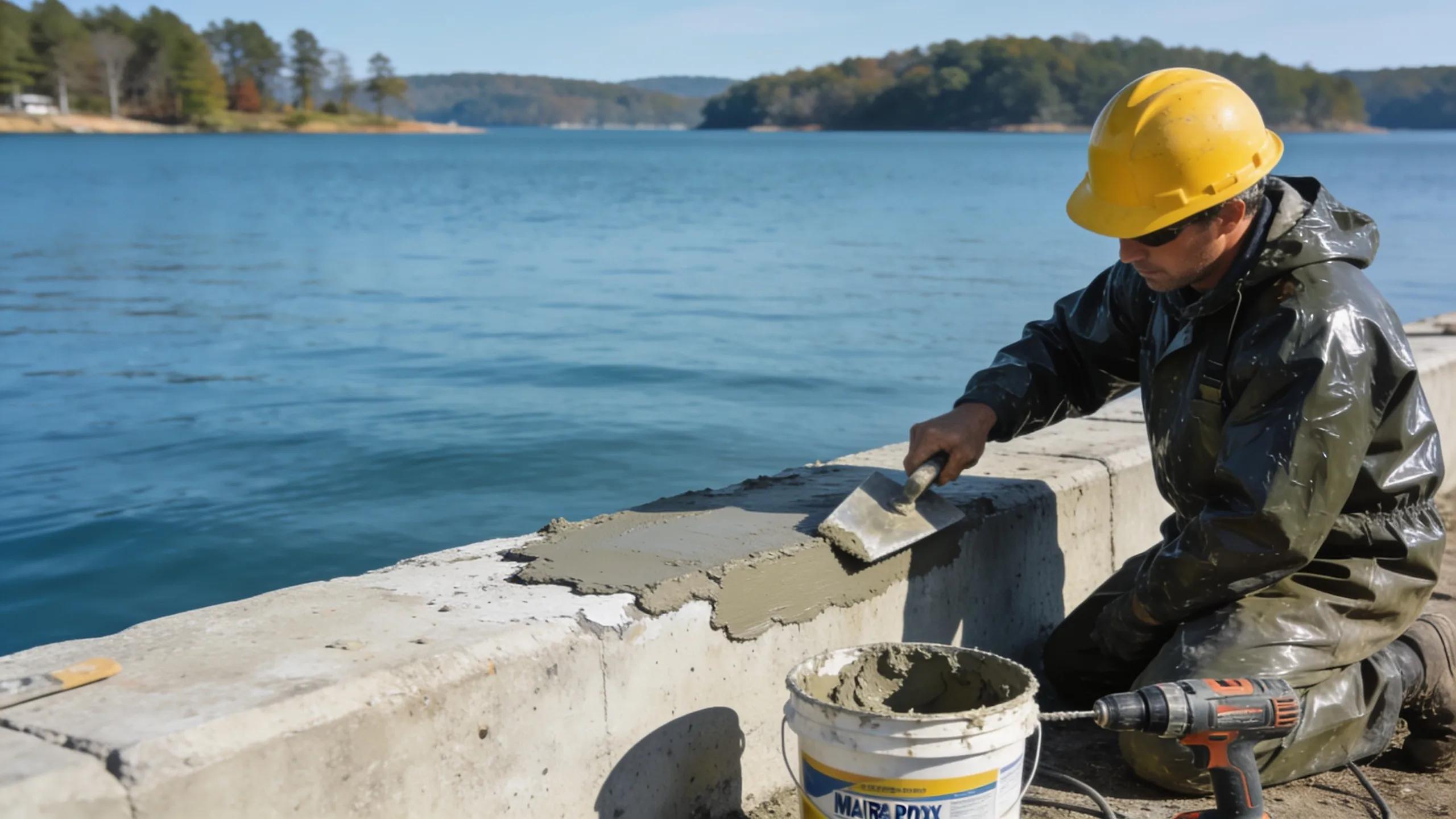 Worker repairing concrete seawall with trowel and marine construction materials.