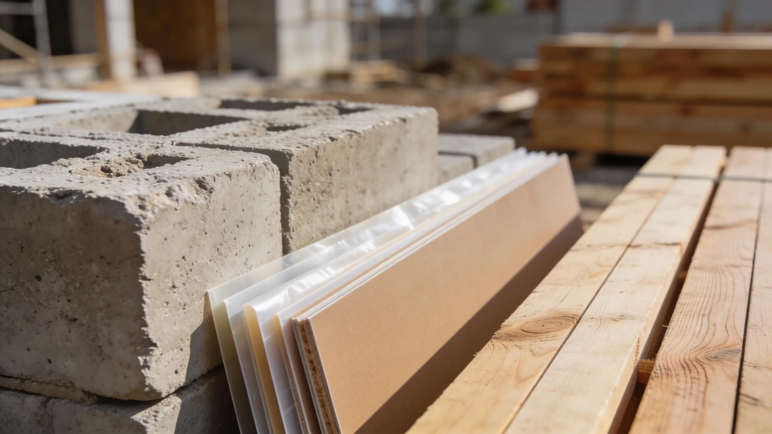Assorted seawall materials showcasing concrete, vinyl, and timber in a construction setting
