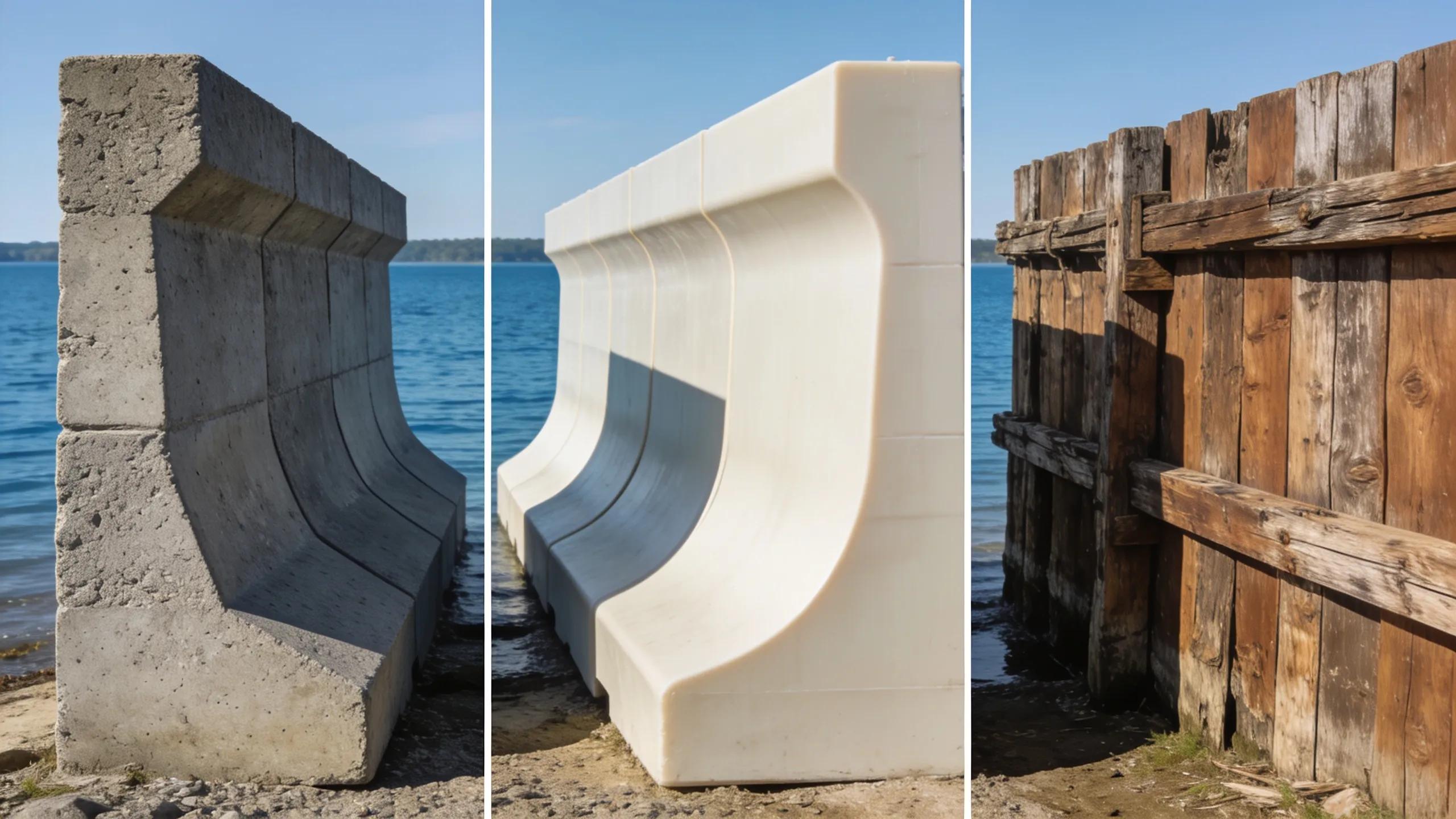 Diverse seawall types including concrete, vinyl, and timber showcased in a natural lakeside setting