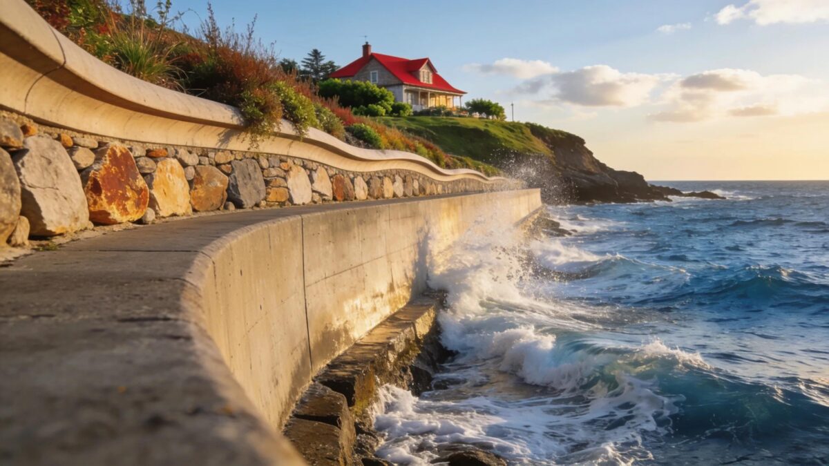 Coastal seawall protecting waterfront property from waves and erosion