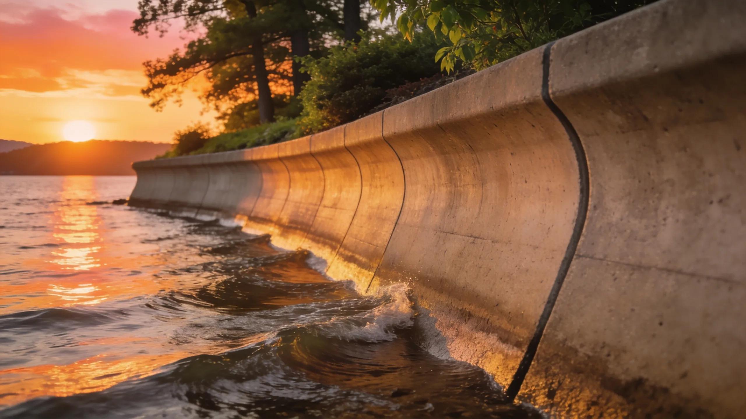 Lake Anna seawall construction with waves at sunset, protecting coastal properties.