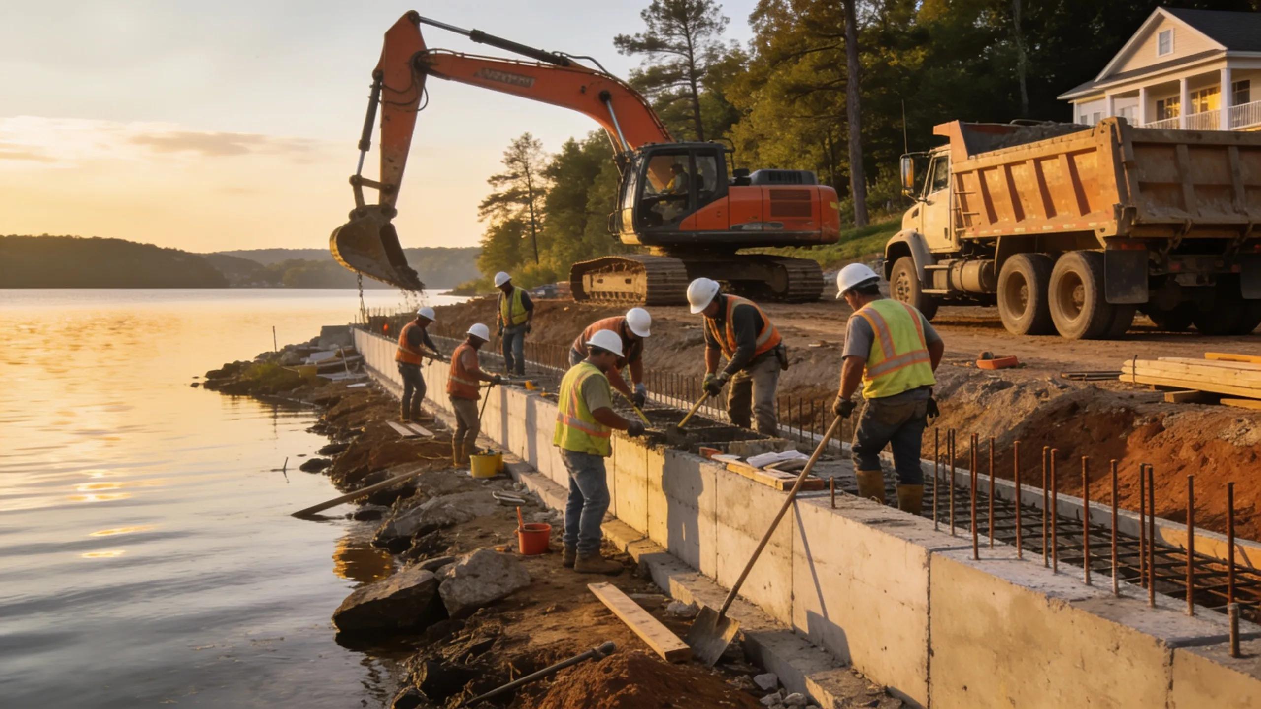 Crew building a seawall along a Lake Anna property