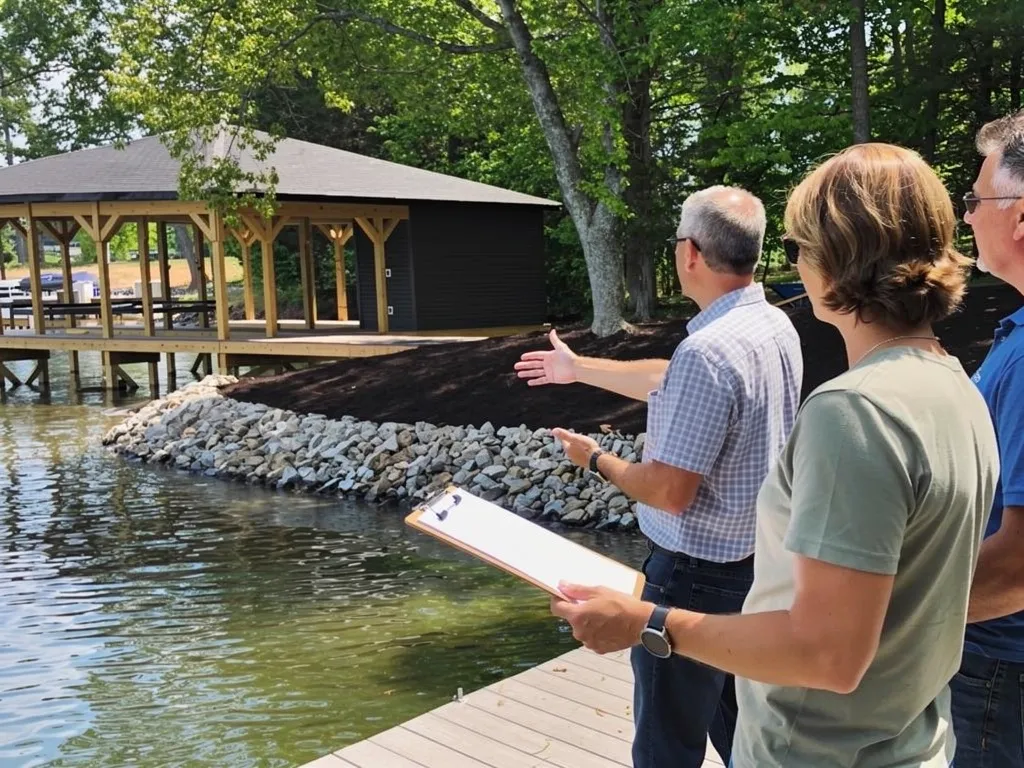 Permit application documents and approval stamp for a seawall project