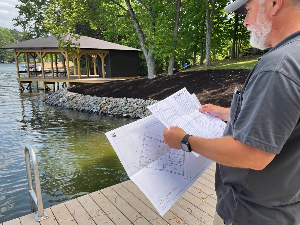 Waterfront dock on Lake Anna with pilings and boat lift