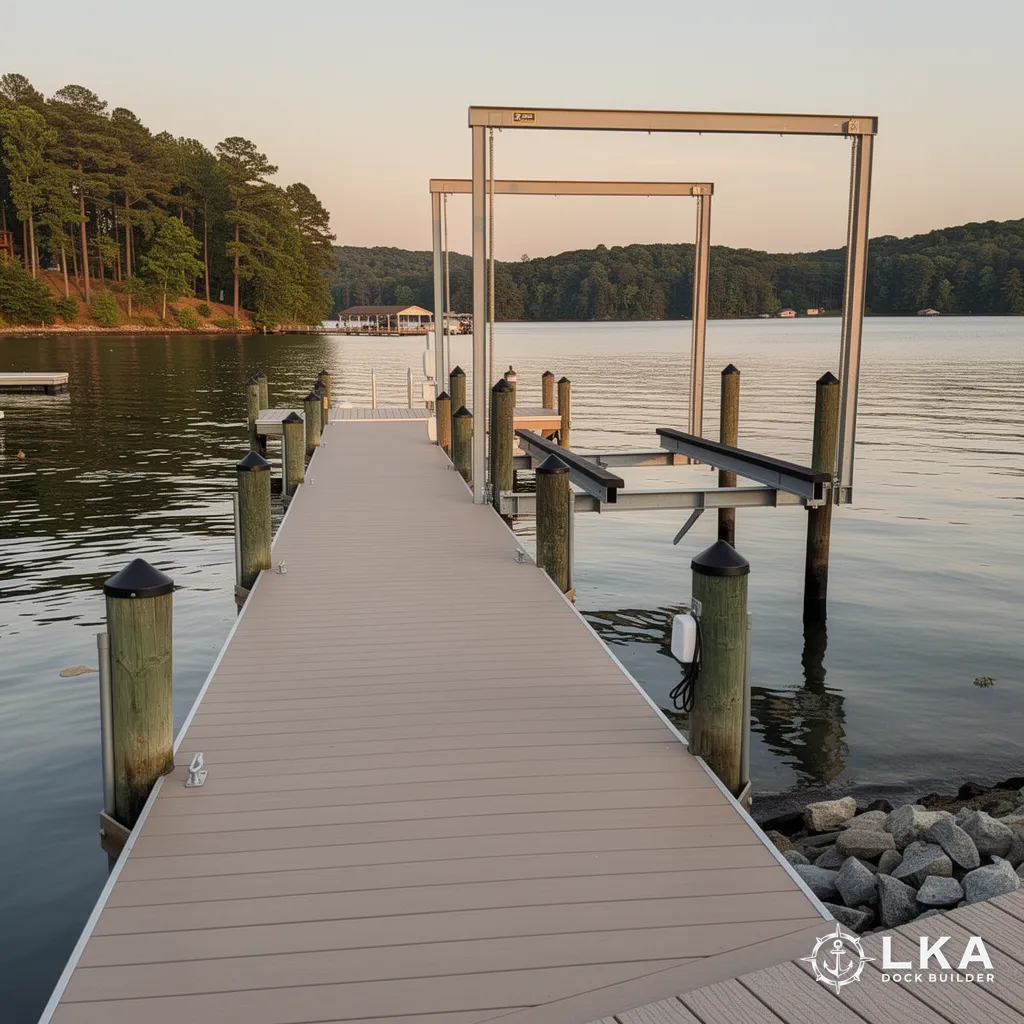 Waterfront dock on Lake Anna with pilings and boat lift