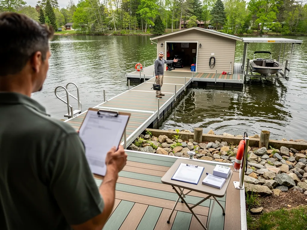 Homeowner reviewing dock permitting and maintenance details with builder
