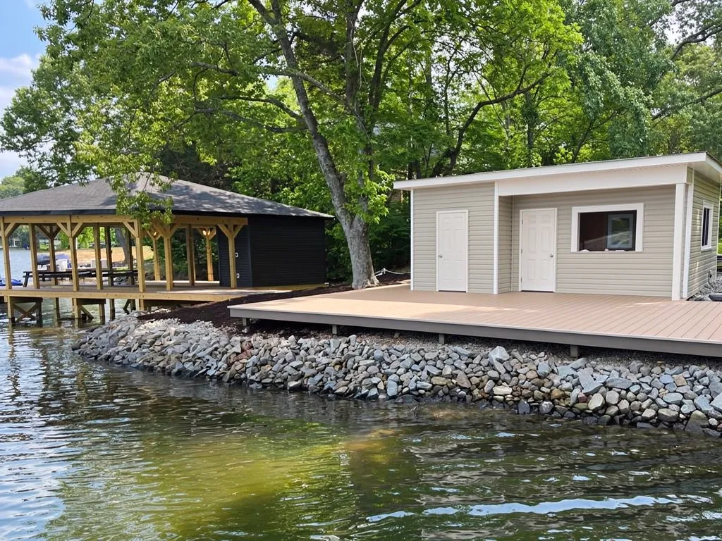 LKA Dock Builder crew working on schedule to complete a boathouse build
