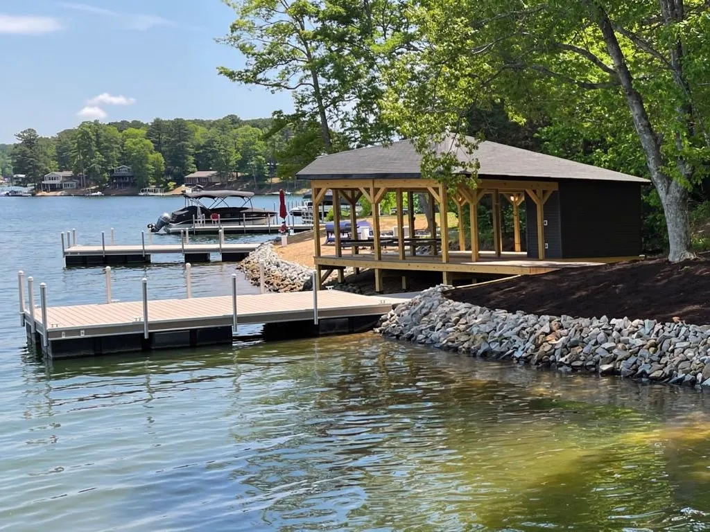 Finished dock and boathouse on Lake Anna at sunset