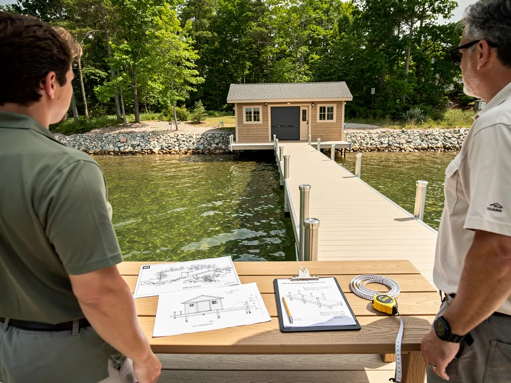 Homeowner reviewing dock design plans with a builder on-site