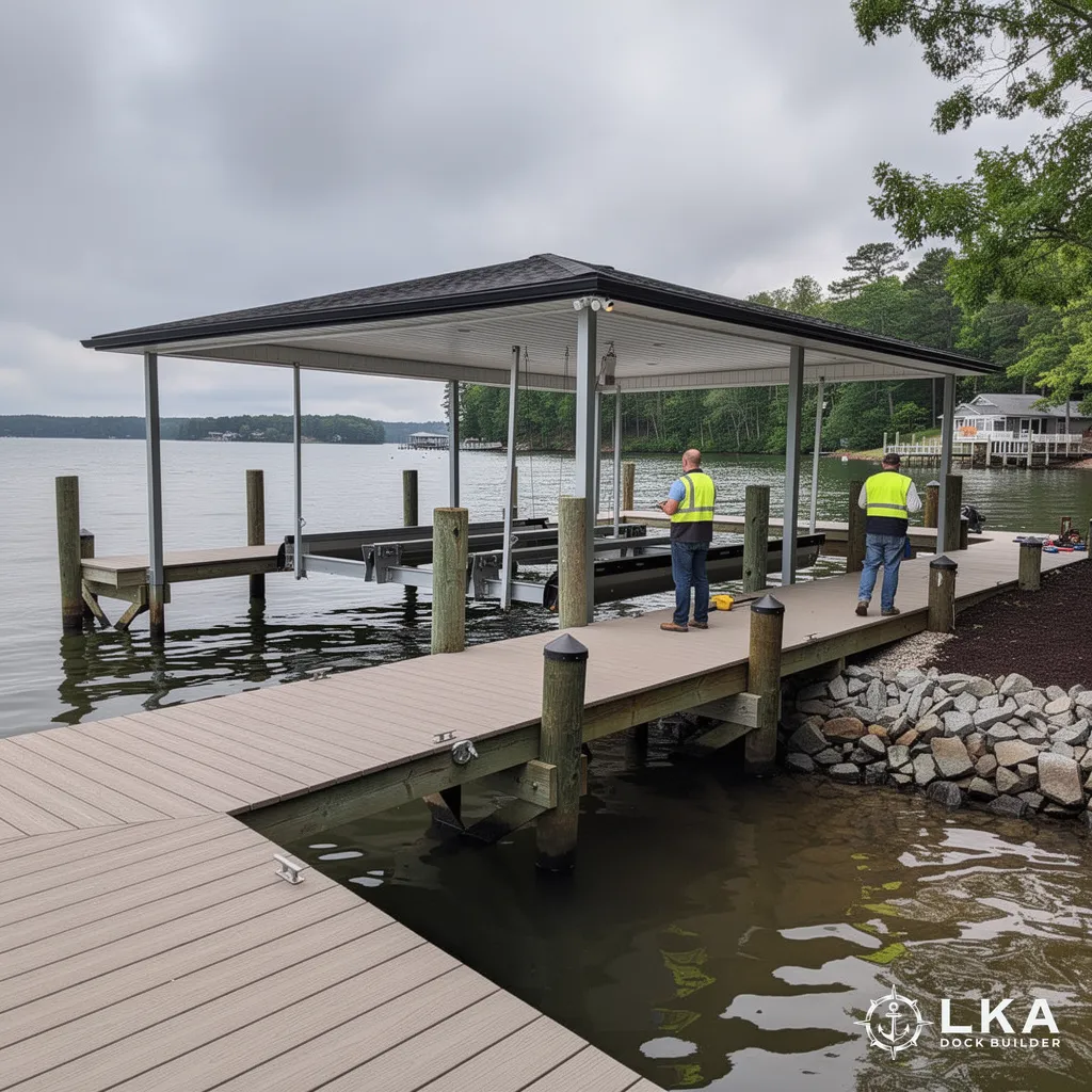 Lake Anna dock and boat lift storm damage assessment by repair crew