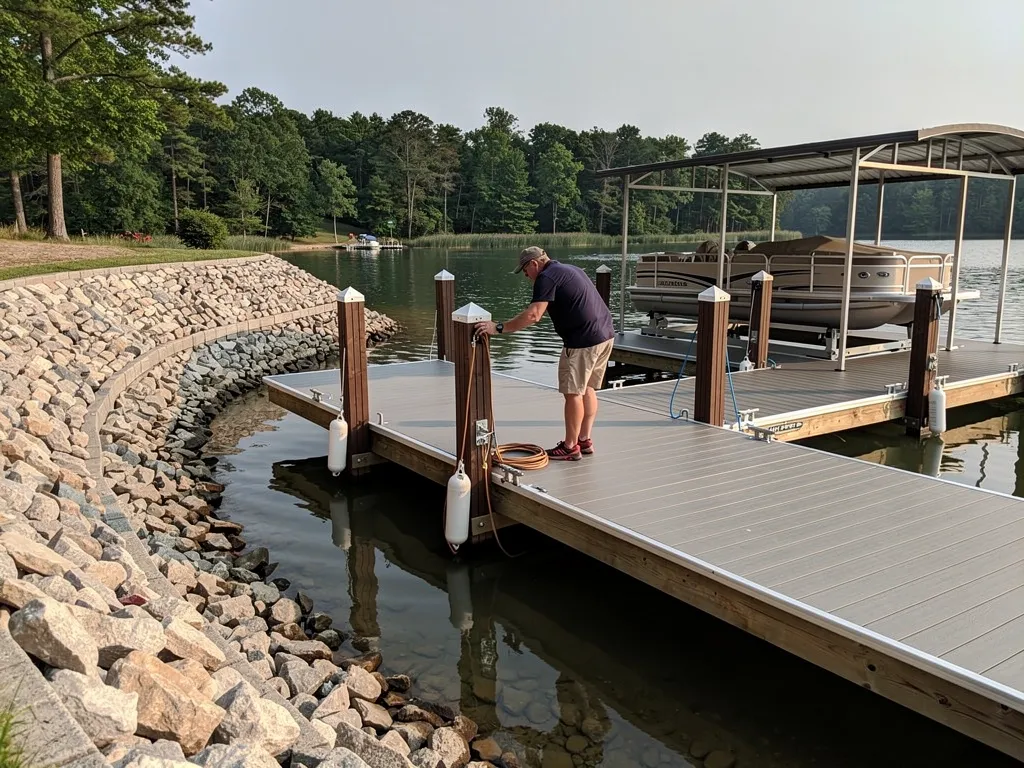 Homeowner inspecting dock hardware ahead of storm season
