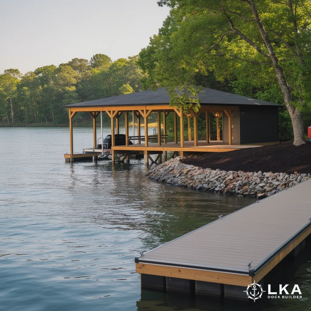 Custom dock built by LKA Dock Builder extending into Lake Anna