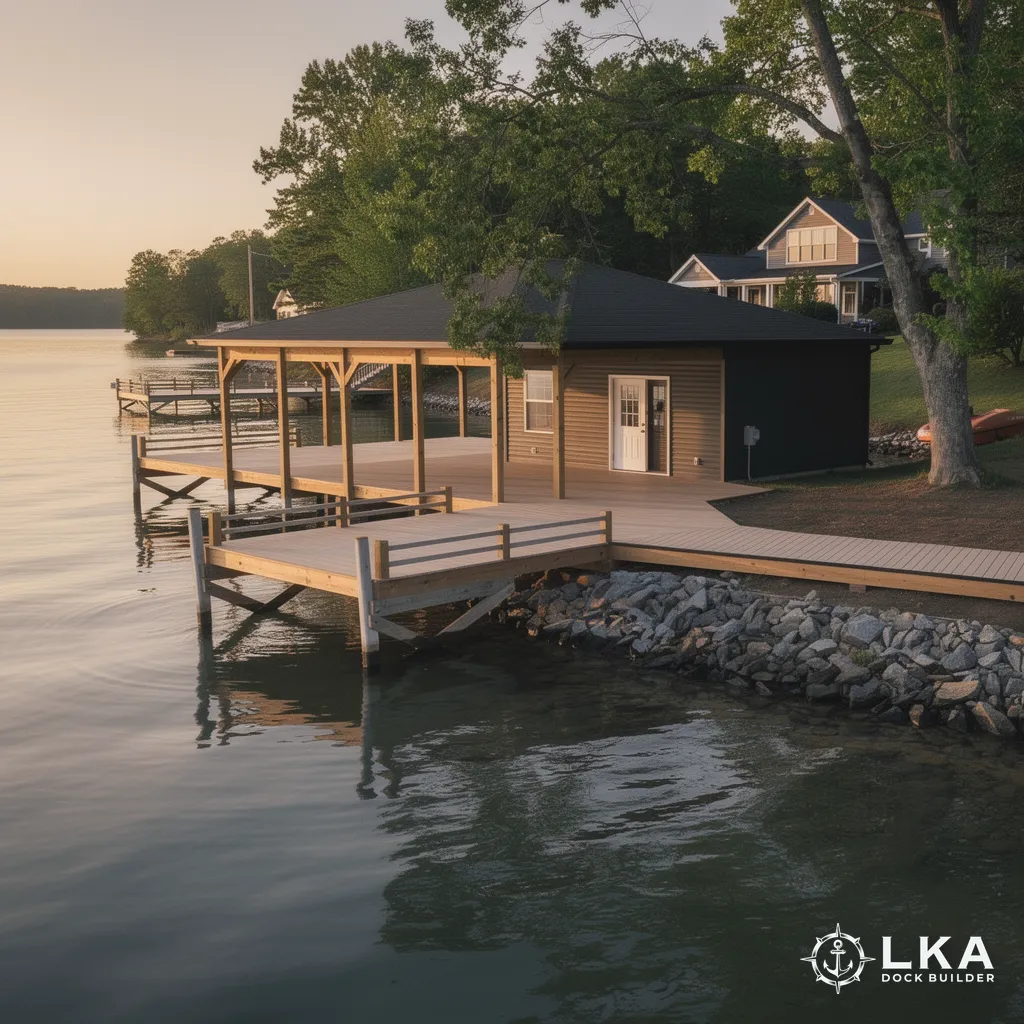 Custom waterfront dock and boathouse built on Lake Anna