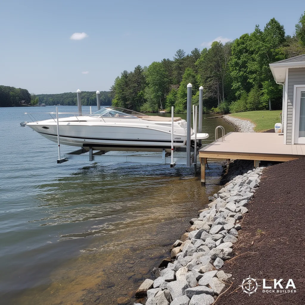 Custom boat lift and dock installation on Lake Anna waterfront