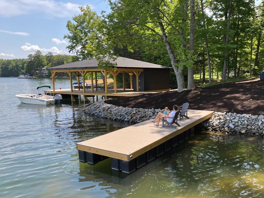 Finished custom dock and boathouse as a long-term waterfront property investment