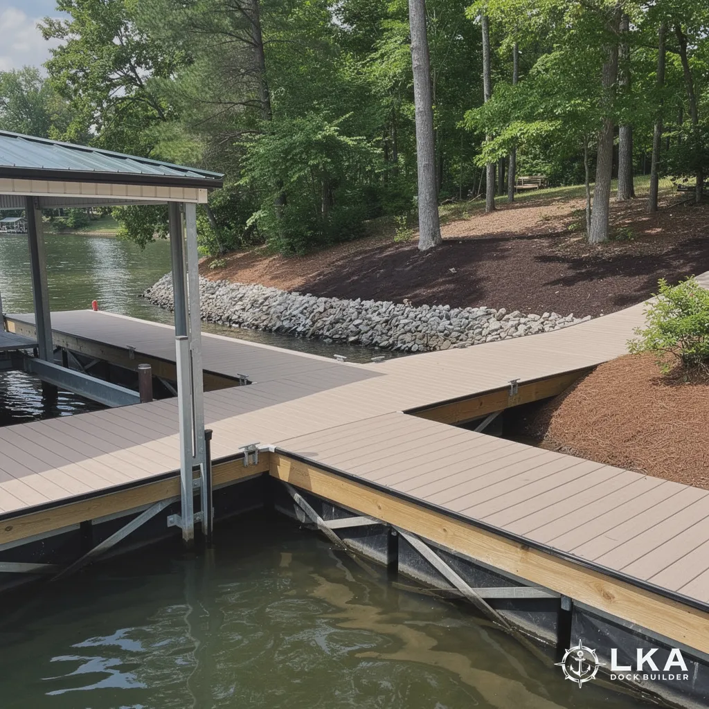 Custom dock extending into Lake Anna with wooded shoreline