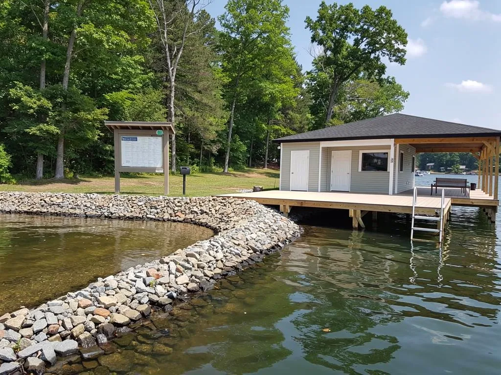 Waterfront property owner reviewing shoreline permit documents at Lake Anna