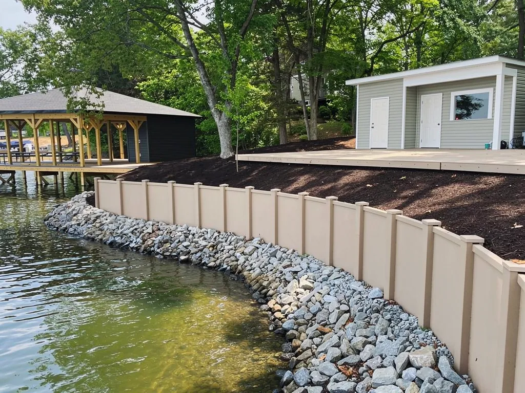 Concrete seawall under construction along a Lake Anna shoreline