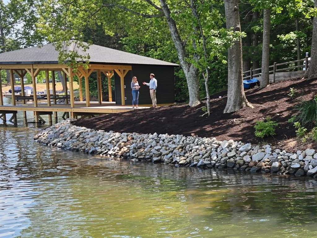 Marine contractor reviewing dock construction plans on-site