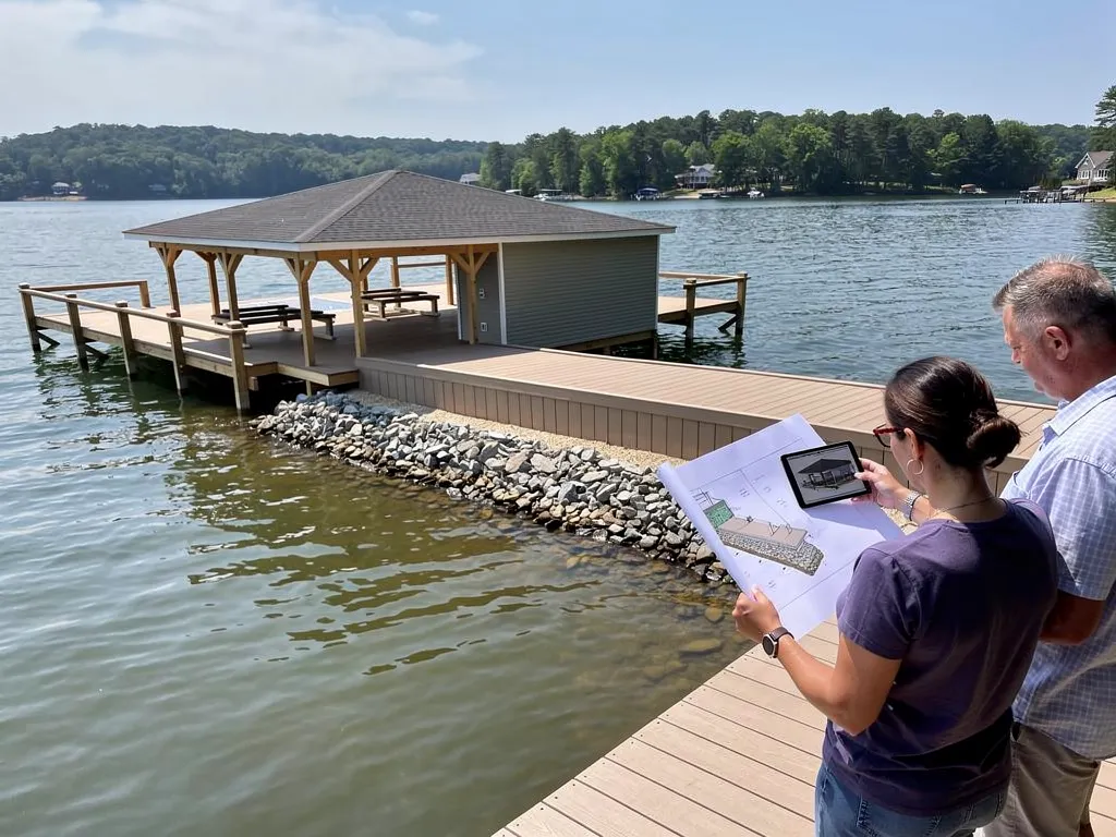 Licensed contractor reviewing seawall plans with a Lake Anna homeowner