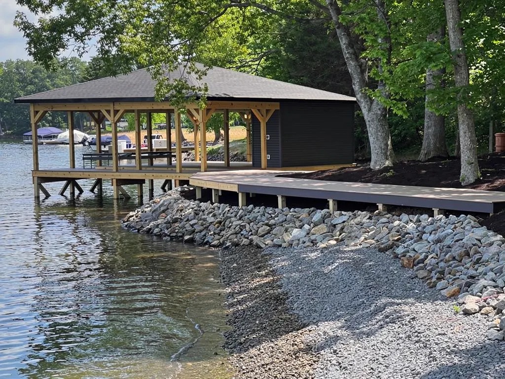 Treated lumber, composite decking, and marine-grade hardware on a boathouse