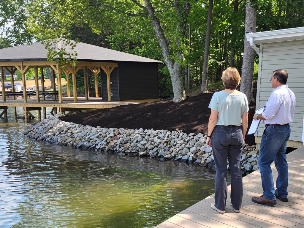 Boathouse construction site showing framing and pilings mid-build