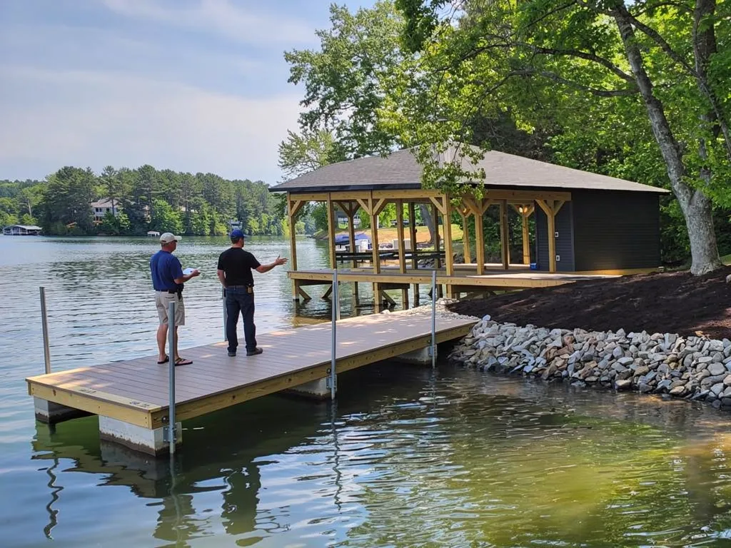Dock construction crew working on-site during a Lake Anna build