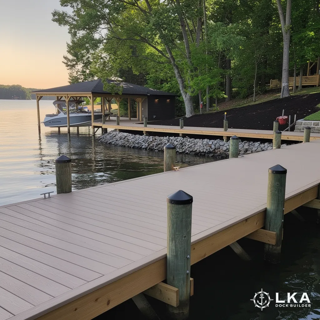 Finished custom dock and boathouse on Lake Anna at golden hour