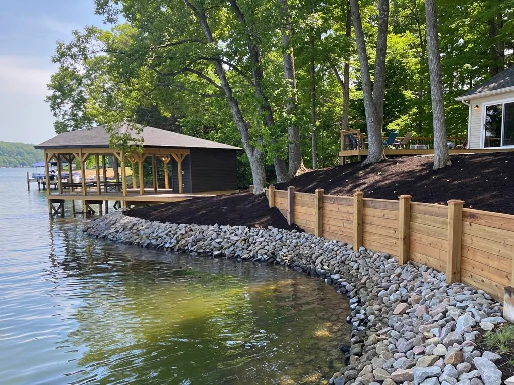 Waterfront property with newly built seawall along the shoreline