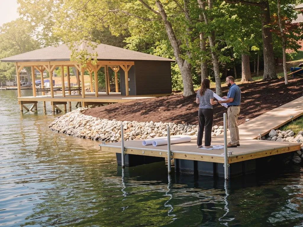 Permit documents and shoreline construction plans laid out on a dock
