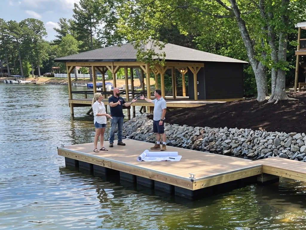 3D dock design rendering shown next to construction crew on-site