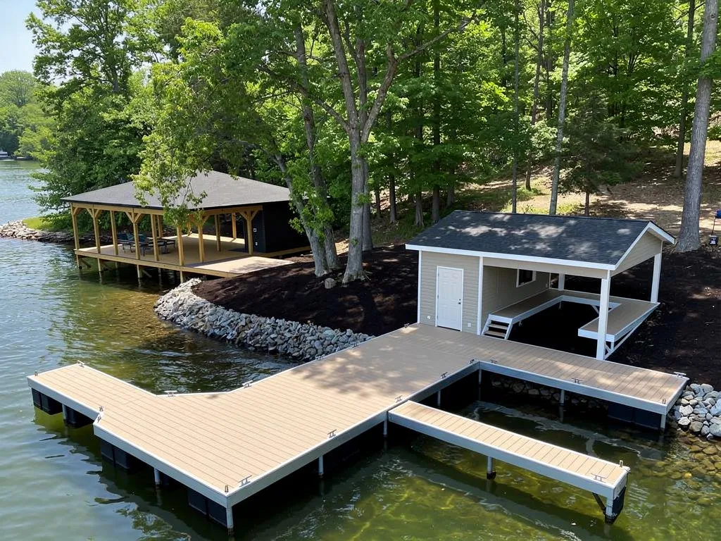 Completed dock and boat lift on Lake Anna at sunset