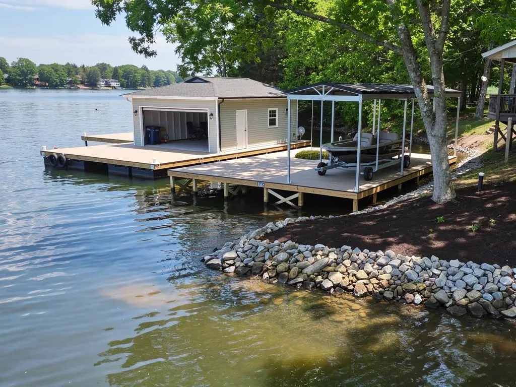 Completed custom dock and boat lift on a Lake Anna property
