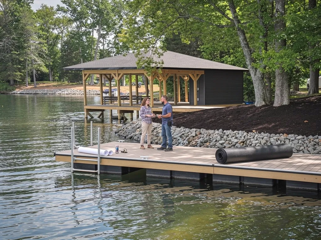 Dock construction crew building a custom pier on Lake Anna