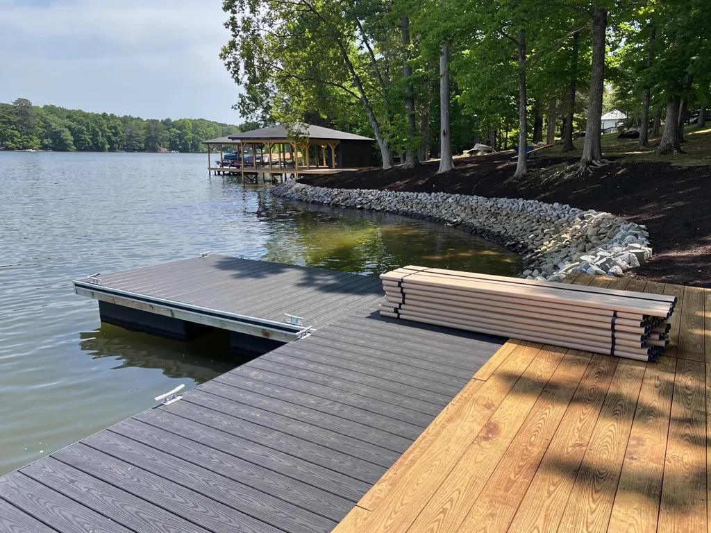 Close-up of capped composite decking boards with wood-grain texture