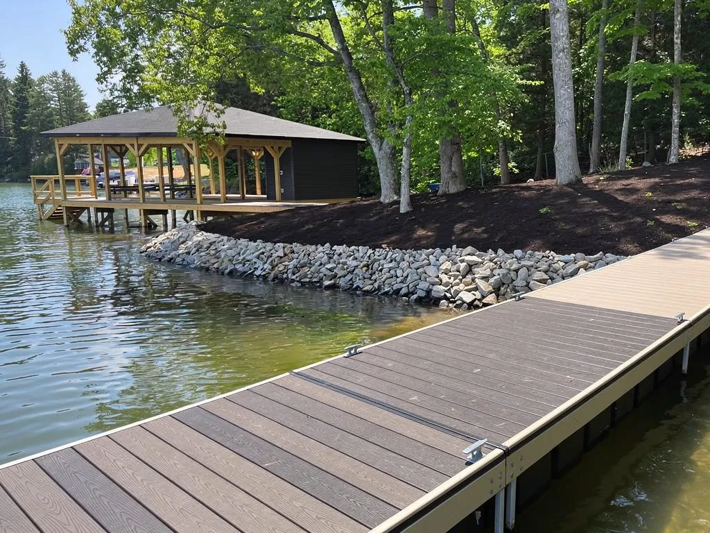 Dark composite decking boards under direct summer sunlight on a boat dock